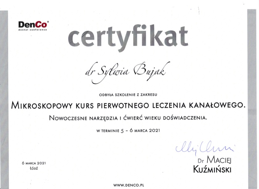 Lekarz dentysta Sylwia Bujak Certyfikat 1