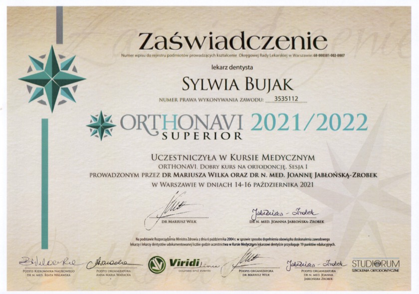 Lekarz dentysta Sylwia Bujak Certyfikat 9