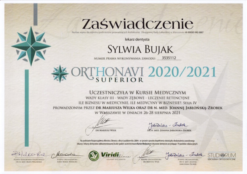 Lekarz dentysta Sylwia Bujak Certyfikat 8