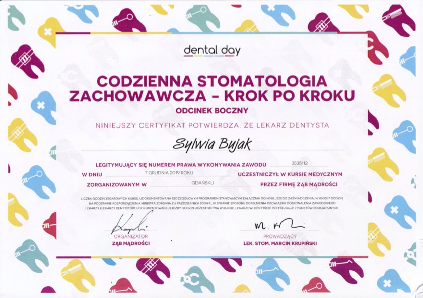 Lekarz dentysta Sylwia Bujak Certyfikat 5