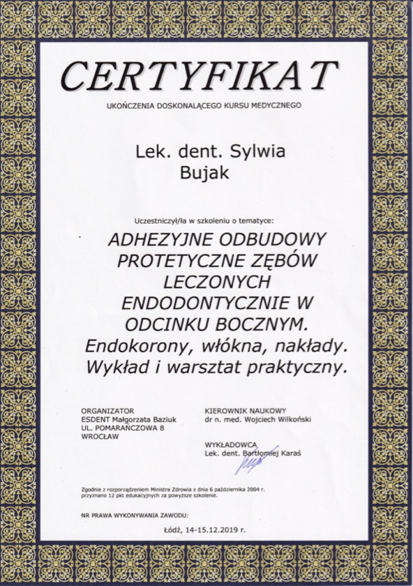 Lekarz dentysta Sylwia Bujak Certyfikat 4