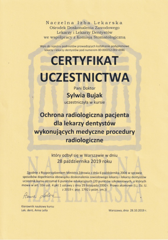 Lekarz dentysta Sylwia Bujak Certyfikat 2